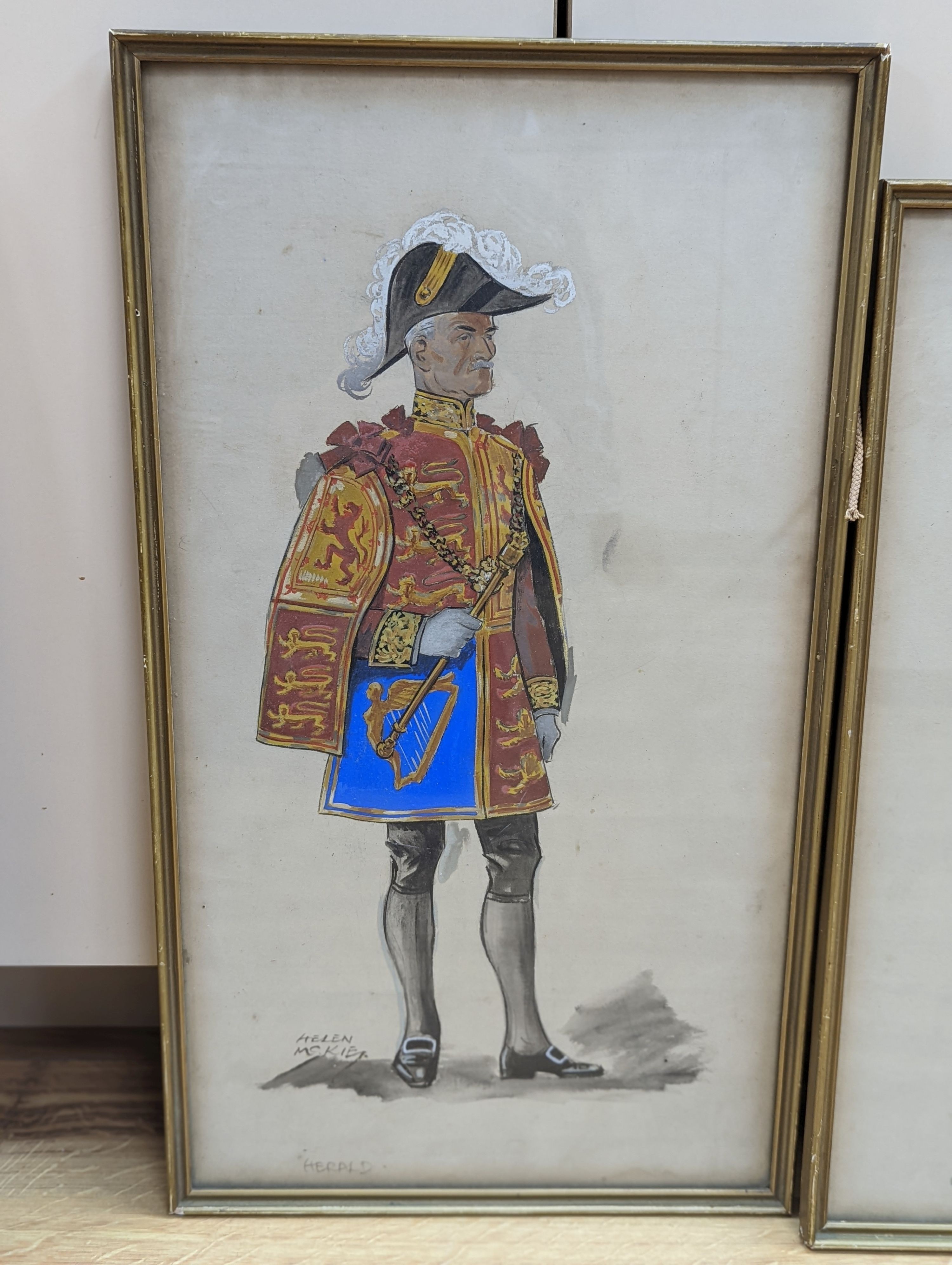 Helen McKie, three gouache and watercolour studies, Gentleman at arms, Queen's Page of Honour and Herald, signed, largest 47 x 26cm